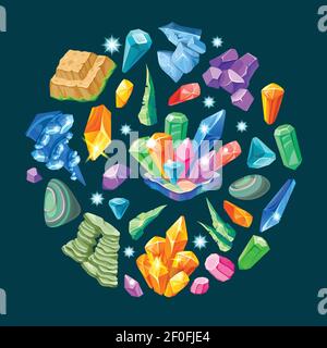 Steine Dekoration isometrisch in runder Form mit Kristallen und Mineralien auf schwarzem Hintergrund isolierte Vektor-Illustration Stock Vektor