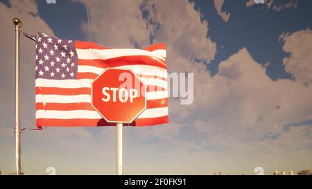 USA Flagge Sanktion rotes Schild STOPPEN 3D Rendering Stockfoto