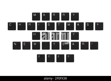 Text 'Marry Christmas and Happy New Year 2020' von Tastaturtasten, isoliert auf weiß Stockfoto