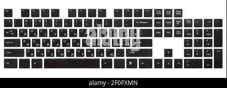 Alle schwarzen Tastaturtasten, vollständiges Tastaturlayout, isoliert auf Weiß Stockfoto