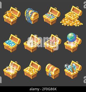 Schatztruhen isometrische Cartoon-Set mit goldenen Münzen Schmuck mittelalterlichen Waffe auf schwarzem Hintergrund isoliert Vektor-Illustration Stock Vektor