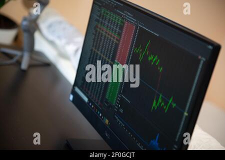 Handel an der Börse von zu Hause aus in der ersten Person Stockfoto