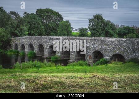 Nahaufnahme auf alten, 12th Jahrhundert Steinbogen Bective Bridge über Boyne River umgeben von grünen Feldern und Wald, Graf Meath, Irland Stockfoto