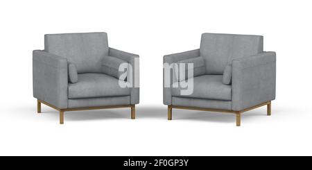 Set aus zwei grauen Stoffsesseln mit Holzbeinen Auf weißem Hintergrund - 3D Render Stockfoto