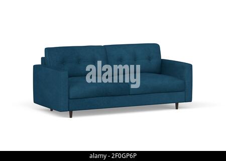 Zweisitzer-Sofa aus blauem Samtstoff mit Holzbeinen Auf weißem Hintergrund - 3D Render Stockfoto