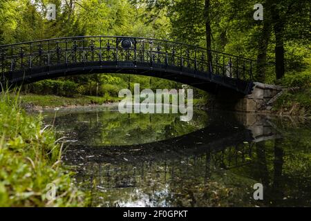 Alte Holzbrücke mit Metallgeländer in stillen Teich reflektiert Im Park Stockfoto