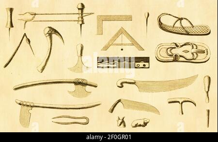 Antike 19th-Jahrhundert-Illustration von Artefakten aus dem alten Ägypten. Veröffentlicht in Systematischer Bilder-Atlas zum Conversations-Lexikon, Ikonographische Stockfoto