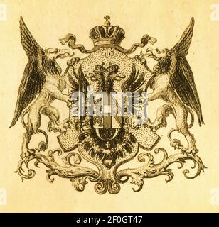Österreichisches Wappen Stich aus dem 19. Jahrhundert. Veröffentlicht in Systematischer Bilder-Atlas zum Conversations-Lexikon, Ikonographische Enzyklopädie der Wi Stockfoto