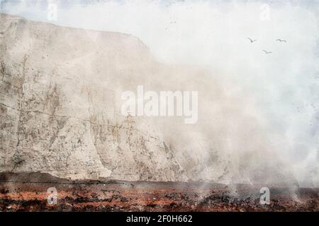 Seven Sisters Cliffs in der Nähe von Brighton, Großbritannien. Weiße Kreidefelsen im Nebel an der Küste des Ärmelkanals. Aquarellillustration. Stockfoto