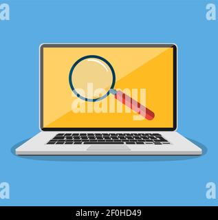 Laptop mit Lupe auf dem Bildschirm. Stock Vektor