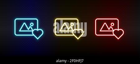 Wie, Liebe, Foto Neon Icon Set. Satz von roten, blauen, gelben Neon-Vektor-Symbol Stock Vektor