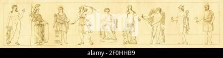 Antike Gravur von Göttern aus der klassischen Zeit. Von links nach rechts: 1 - Dionysos, 2 - Minerva, 3 - Apollo, 4 - Diana, 5 - Mars, 6 - Venus, 7 - Cu Stockfoto