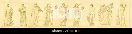 19th-Jahrhundert-Darstellung der Götter aus der klassischen Periode. Von links nach rechts: 1 - Asclepius, 2 - Hygienia, 3 - Vertumnus, 4 - Melpomene, 5 - Erato, Stockfoto