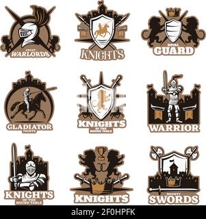 Ritter farbige Embleme mit Schild und gekreuzte Waffe königlichen Symbolen Bewaffnete Kämpfer alte Burgen isoliert Vektor-Illustration Stock Vektor