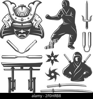 Isoliertes Monochrom-Set mit Samurai-Symbolen und Waffen einschließlich Nonchucks Schwerter und Shurikens auf leerem Hintergrund Vektorgrafik Stock Vektor