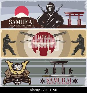 Drei horizontale Banner mit traditionellen japanischen Stil gezeichnet Samurai gesetzt Militärische Künste Krieger Symbole Schwerter flache Vektor-Illustration Stock Vektor