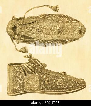 Gravur kaiserlicher Schuhe aus dem 19. Jahrhundert. Veröffentlicht in Systematischer Bilder-Atlas zum Conversations-Lexikon, Ikonographische Enzyklopädie der Wissen Stockfoto
