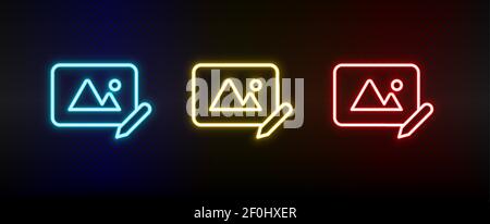Bearbeiten, Foto Neon Icon Set. Satz von roten, blauen, gelben Neon-Vektor-Symbol Stock Vektor