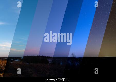Verschiedene Schattierungen färben die Landschaft von Tag zu Nacht. Zeitintervalle in einem Frame Stockfoto