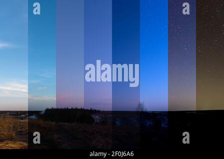 Verschiedene Schattierungen färben die Landschaft von Tag zu Nacht. Zeitintervalle in einem Frame Stockfoto