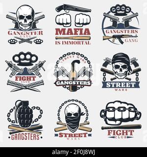 Nine isolated mafia and gangster emblems set with various symbols of fists guns and skulls flat vector illustration Stock Vektor