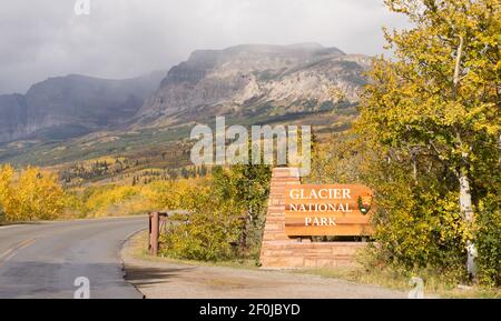 Eingang Glacier National Park Willkommen Anmelden Marker Montana Stockfoto