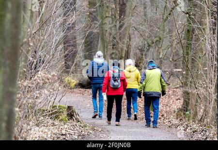 Braunschweig, Deutschland. März 2021, 07th. Spaziergänger mit bunten Jacken wandern durch einen Wald im Naturschutzgebiet (NSG) Riddagshausen bei bewölktem Wetter. Quelle: Hauke-Christian Dittrich/dpa/Alamy Live News Stockfoto