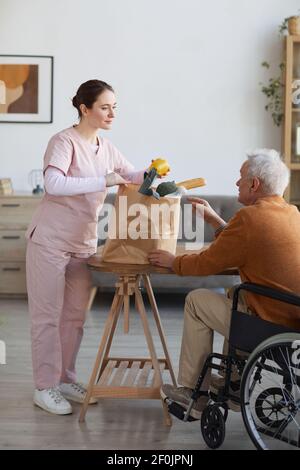 Vertikale Ganzkörperportrait von jungen weiblichen Betreuer bringt Lebensmittel zu älteren Mann im Rollstuhl, Unterstützung und Lebensmittel-Delivery-Konzept Stockfoto