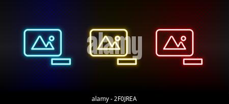 Löschen, Foto-Neon-Symbol gesetzt. Satz von roten, blauen, gelben Neon-Vektor-Symbol Stock Vektor