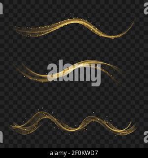 Hell glühender Wellenstrom mit goldenem Glitzer Set aus welligen goldenen Elementen. Stock Vektor