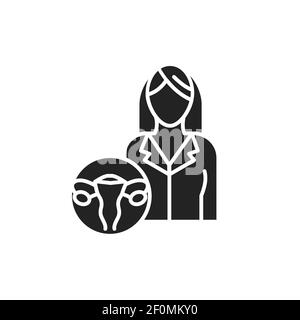Gynäkologe Gynäkologe Glyphe schwarzes Symbol. Untersuchung des weiblichen Fortpflanzungssystems. Registrieren Sie sich für Webseite, mobile App, Schaltfläche, Logo Stock Vektor