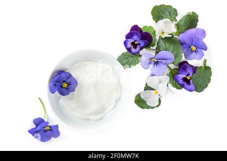 Natürliche kosmetische Salbe mit Viola oder violetten Blüten und Blättern isoliert mit Schatten auf weißem Hintergrund, Kopierraum, Weitwinkel von oben, Stockfoto