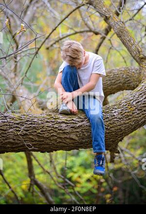 Trauriger junger blonder Junge, der auf einem Baum im Wald sitzt. Stockfoto