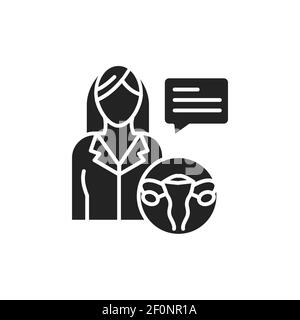 Beratung mit Arzt Gynäkologen Glyphe schwarz Symbol. Untersuchung des weiblichen Fortpflanzungssystems. Registrieren Sie sich für Webseite, mobile App, Schaltfläche, Logo Stock Vektor