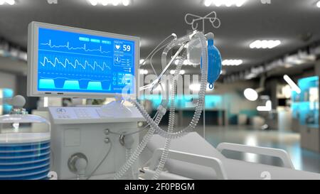 cg Healthcare 3D Illustration, ITS-Lungenventilator in der Klinik Stockfoto