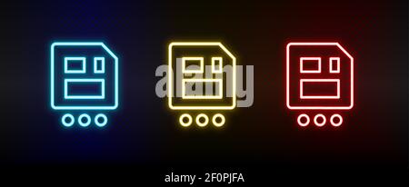 Wie, Diskette, Neon-Symbol-Satz speichern. Satz von roten, blauen, gelben Neon-Vektor-Symbol Stock Vektor