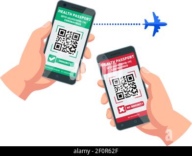 Flugfreiheit bei einer Pandemie. Elektronischer Gesundheitspass in der Anwendung auf dem Handy-Bildschirm. Hand mit einem Smartphone, QR-Code, Permis Stock Vektor