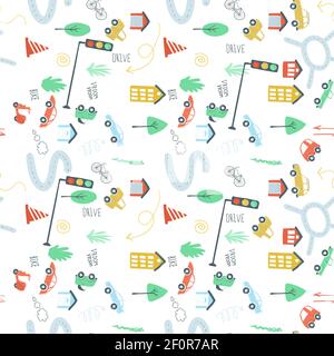 Endlose Muster Satz Stadtautos Ampeln Straße. Einfache Hand Zeichnung Stil Vektor-Illustration. Stock Vektor