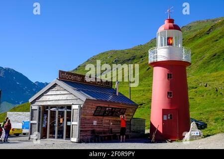 Leuchtturm Rheinquelle, Informationsstelle Rheinquelle, Oberalppass, Kanton Graubünden, Schweiz Stockfoto