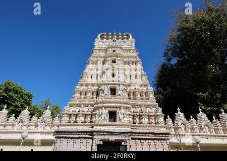 Kunstvolle Schnitzereien auf der Mandap des Sri Prasanna Krishna Swamy Tempels in Mysore, Karnataka, Indien Stockfoto