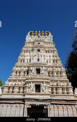 Kunstvolle Schnitzereien auf der Mandap des Sri Prasanna Krishna Swamy Tempels in Mysore, Karnataka, Indien Stockfoto