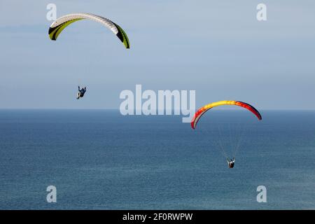 Gleitschirmflieger am Rubjerg Kliff, Rubjerg Klint zwischen Lønstrup und Løkken an der Küste des Jammerbugt, Dänemark Stockfoto