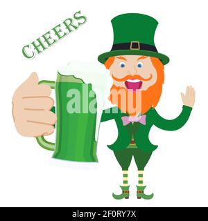 St. Patrick's Day, Zeichentrickfigur, flaches Design, Bier halten, einladen, Bier zu trinken, Vektor-Illustration. Stock Vektor