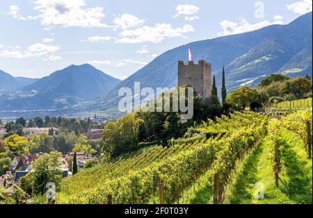 Ehemaliger Berghof von Schloss Ortenstein, Pulverturm, Weinberge, Meran, Vinschgau, Südtirol, Italien Stockfoto