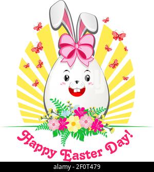 Osterkarte mit einem lustigen Kaninchen in Form eines Eies, Schmetterlingen und Frühlingsblumen auf einem Hintergrund von Sonnenstrahlen. Vektor auf transparentem Hintergrund Stock Vektor
