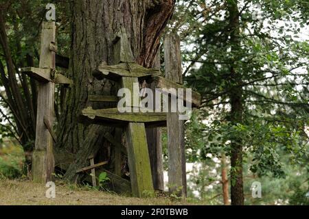 Verwitterte Holzkreuze auf dem heiligen Berg Grabarka, Swieta Gora Garbarka, Polen Stockfoto