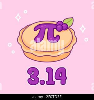 3,14 (März 14) Internationaler Pi-Tag. Süße Blaubeerkuchen mit griechischem Buchstaben Pi, mathematisches Symbol. Cute Cartoon Zeichnung, Vektor Clip Art Illustration. Stock Vektor