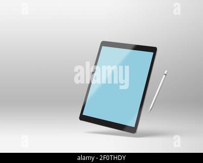 Schwarzes Mockup Tablet auf weißem Hintergrund mit Stylus Stockfoto