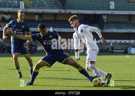 Antonin Barak (Hellas Verona)Davide Faraoni (Hellas Verona)Samuel Castillejo Azuaga (Mailand) während der italienischen Serie A Spiel zwischen Hellas Verona 0-2 Mailand im Marc Antonio Bentegodi Stadion am 07. März 2021 in Verona, Italien. Quelle: Maurizio Borsari/AFLO/Alamy Live News Stockfoto