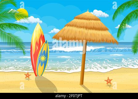 Sommerzeit am Strand mit Sonnenschirm Stock Vektor